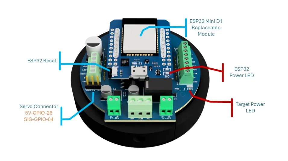 PCB top — ESP32 module, servo connector, power LEDs